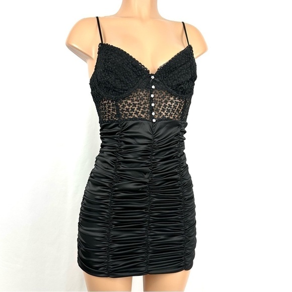 For Love & Lemons XS Black Lace & Ruched Satin Slip Mini Dress Whimsigoth Fairy - Picture 4 of 14
